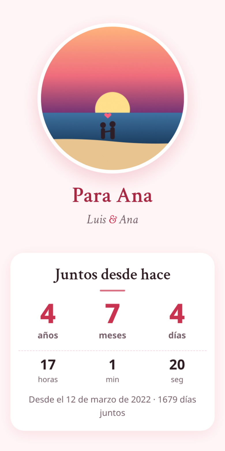 Ejemplo de una página de amor hecha con Amorario, vista en un celular